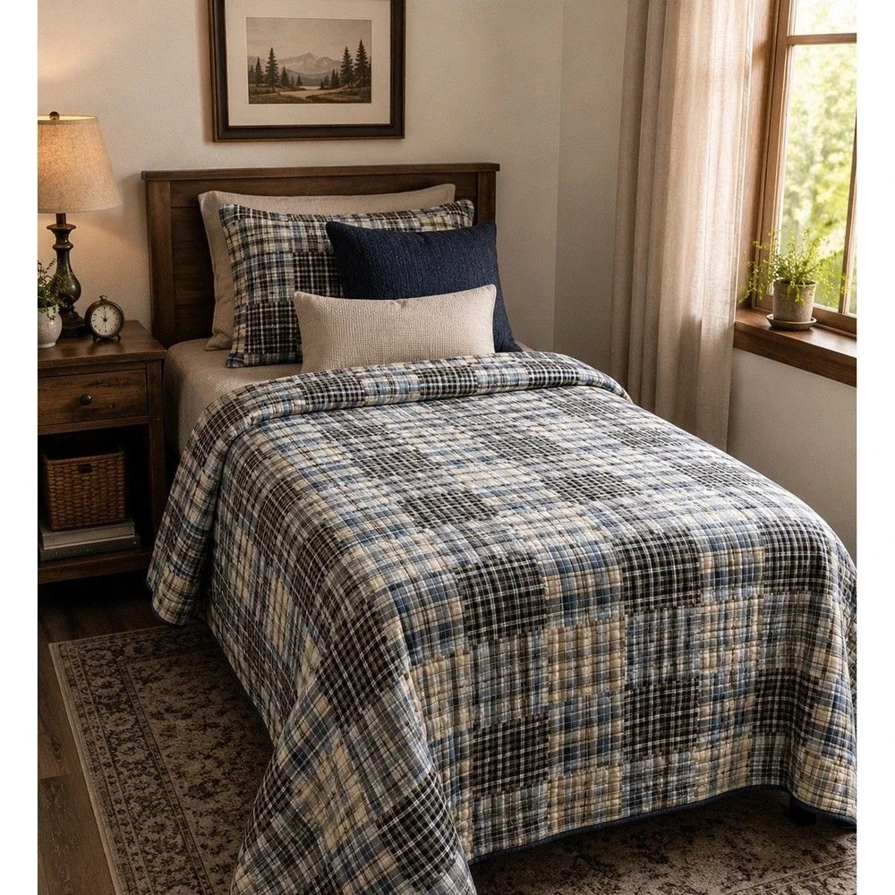 Eddie Bauer Plaid Quilt Blue Gray Cream Twin Throw Vtg 90s Rustic Cabin Cottage